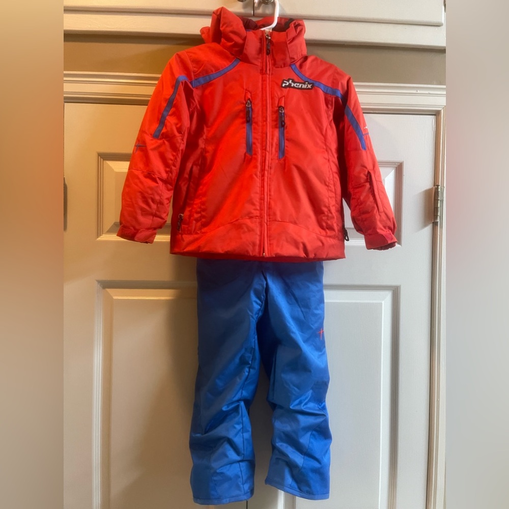 Phenix kids ski suit Norway Alpine Team size 3-6 Red jacket with Blue bibs.